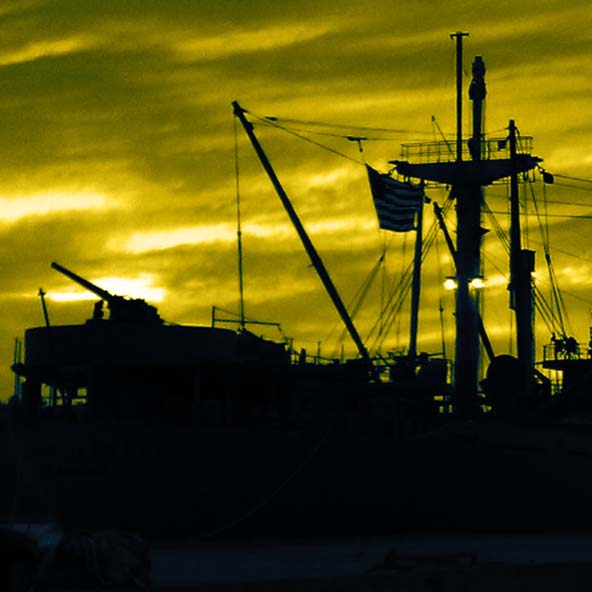 SS Lane Victory duotone Yellow SUNSET SHIP | Donate | Lane Victory Maritime Center