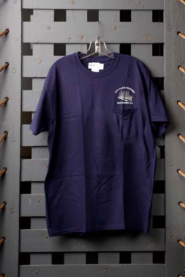 SS Lane Victory shop 10 Navy Pocket T Shirt front | Navy Pocket T-Shirt | Lane Victory Maritime Center